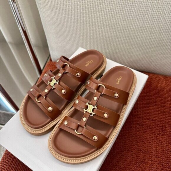 Celine Brown Leather Sandals with Gold Accents - Picture 5 of 6